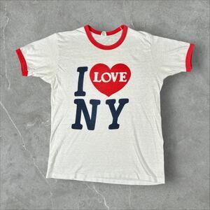 Vintage 80's I Love New York City Heart Size Medium Single Stitch Ringer T-Shirt